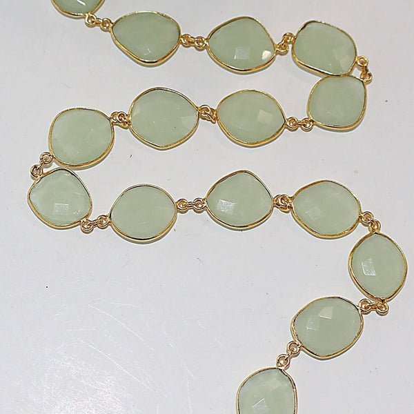 green chalcedony bezel semi-precious gemstone beads 24k gold plated over silver rosary chain for a necklace, earrings, anklet, and bracelet making.