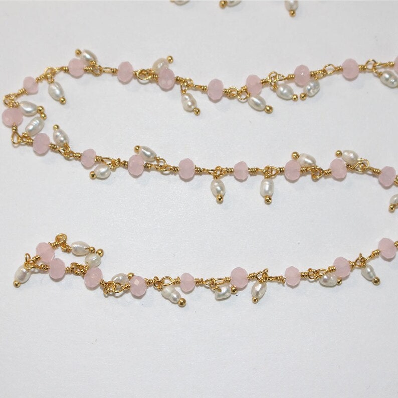 Pink Chalcedony quartz gemstone bead chain 24k gold plated over silver, women jewelry making necklaces, earrings, and bracelets bead chain.