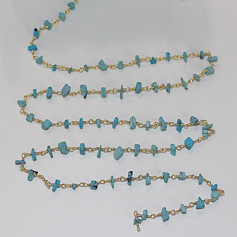 turquoise chips semi-precious gemstone beads 24k gold plated over silver rosary chain for a necklace, earrings, anklet, and bracelet making.