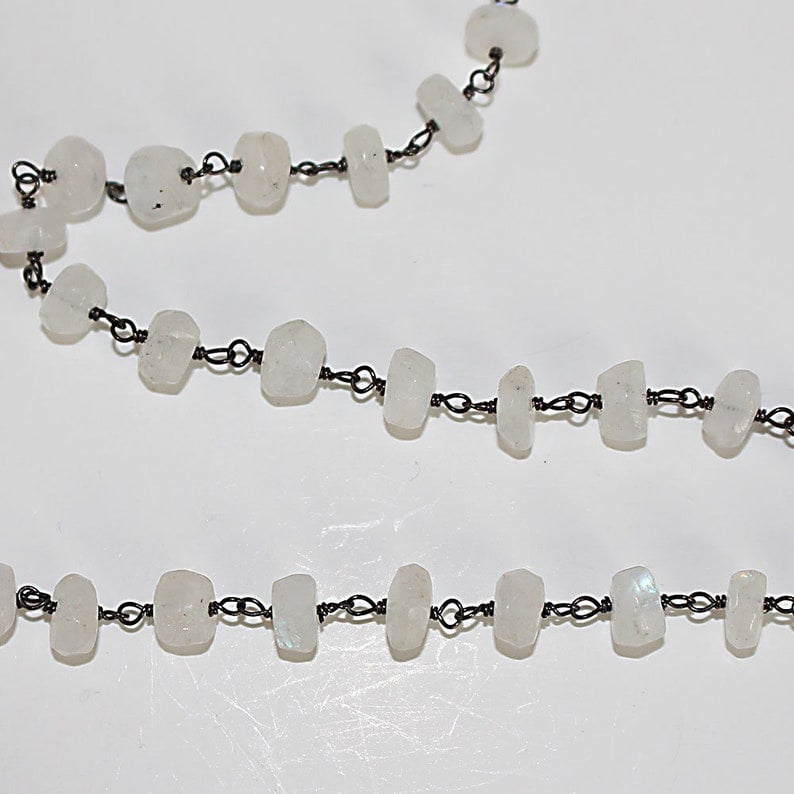 rainbow moonstone semi-precious gemstone beads black oxidized antique rosary chain for a necklace, earrings, anklet, and bracelet making.