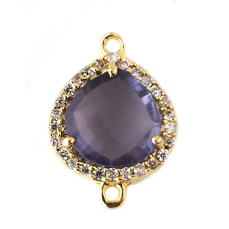 Amethyst Quartz Hydro Gemstone Heart Briolette 12 MM Connectors With Setted CZ Pave 24K Gold Plated Over Silver Bezel Charms Jewelry