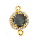 Labradorite Natural Semi Precious Gemstone Coin Briolette 10 MM Connectors With Setted CZ Pave 24K Gold Plated Over Silver Bezel Charms