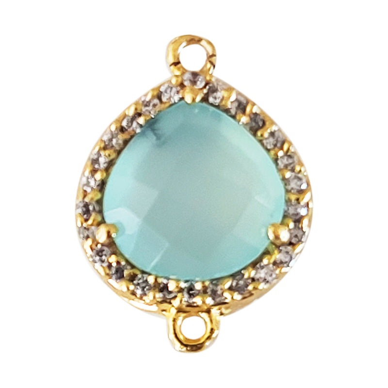Prehnite Natural Semi Precious Gemstone Heart Briolette 12 MM Connectors With Setted CZ Pave 24K Gold Plated Over Silver Bezel Charms