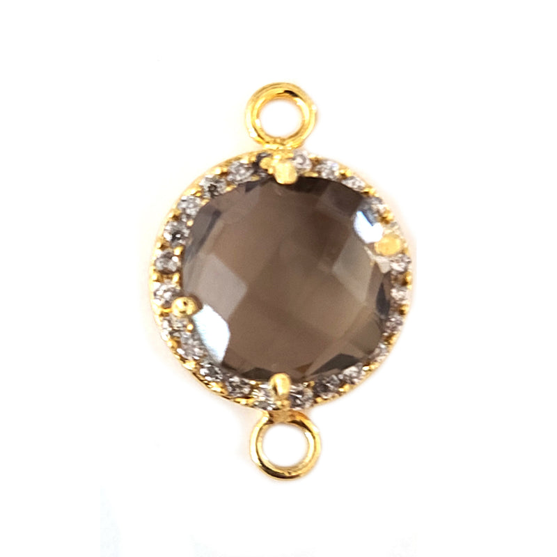 Smoky Quartz Coin Connector, CZ Pave, 24K Gold Plated Charm, 8mm