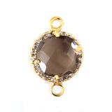Smoky Quartz Coin Connector, CZ Pave, 24K Gold Plated Charm, 8mm