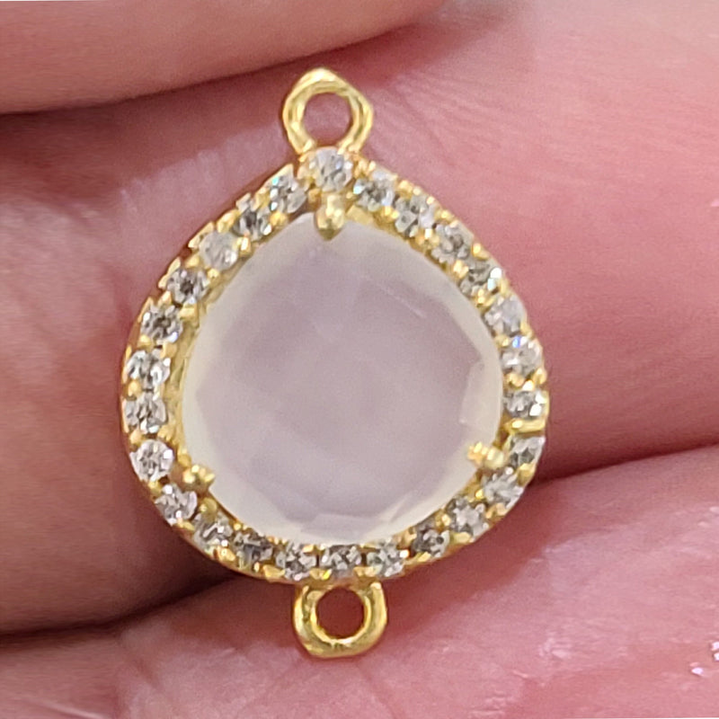 Pearl Chalcedony Natural Semi Precious Gemstone Heart Briolette 12 MM Connectors With Setted CZ Pave 24K Gold Plated Over Silver Bezel