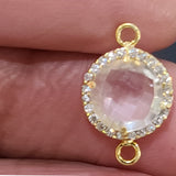 Clear Quartz Quartz Hydro Gemstone Coin Briolette 11 MM Connectors With Setted CZ Pave 24K Gold Plated Over Silver Bezel Charms Jewelry