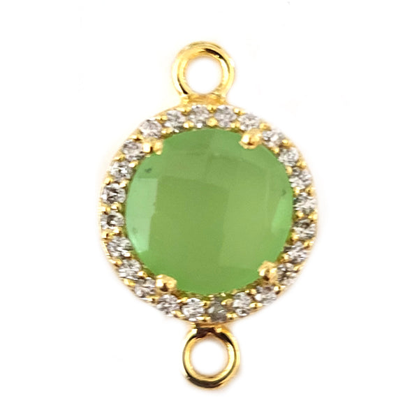 Green Chalcedony Quartz Hydro Gemstone Coin Briolette 11 MM Connectors With Setted CZ Pave 24K Gold Plated Over Silver Bezel Charms Jewelry