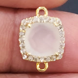 Pearl Chalcedony Natural Semi Precious Gemstone Square Briolette 15 MM Connectors With Setted CZ Pave 24K Gold Plated Over Silver Bezel