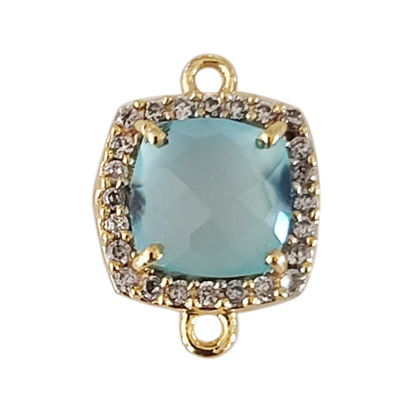 Prehnite Natural Semi Precious Gemstone Cushion Briolette 8 MM Connectors With Setted CZ Pave 24K Gold Plated Over Silver Bezel Charms