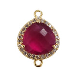 Ruby Quartz Heart Briolette Connector, CZ Pave, 24K Gold Plated, 12mm