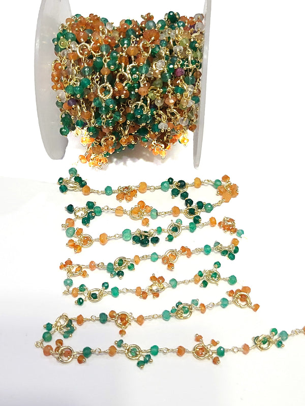 multi color semi-precious gemstone beads 24k gold plated over silver rosary chain for a necklace, earrings, anklet, and bracelet making.