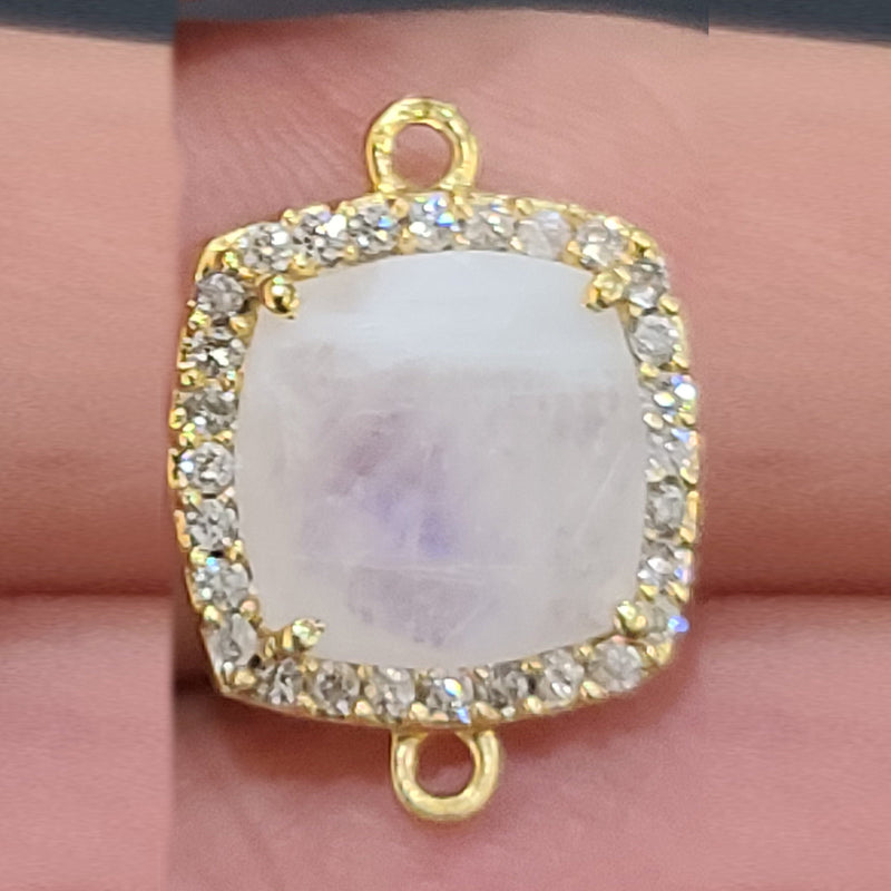 Rainbow Moonstone Natural Semi Precious Gemstone Cushion Briolette 15 MM Connectors With Setted CZ Pave 24K Gold Plated Over Silver Bezel