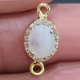 Rainbow Moonstone Connector, CZ Pave 24K Gold Plated Bezel (8x10 MM)