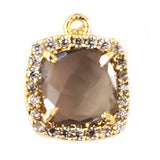 Smoky Quartz Briolette Connector, CZ Pave, 24K Gold Plated, 12mm