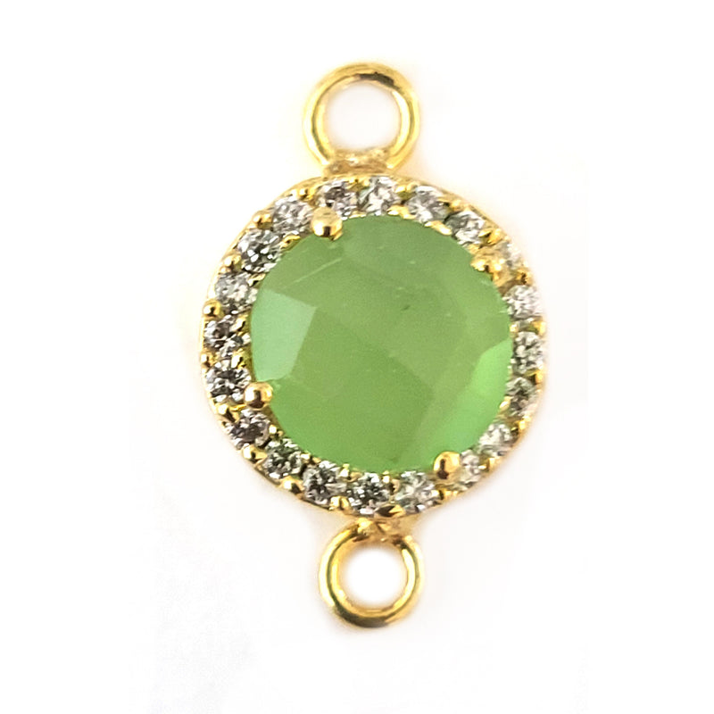 Green Chalcedony Coin Charm, CZ Pave, 24K Gold Plated, 10mm