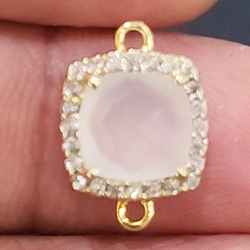 Pearl Chalcedony Natural Semi Precious Gemstone Square Briolette 12 MM Connectors With Setted CZ Pave 24K Gold Plated Over Silver Bezel