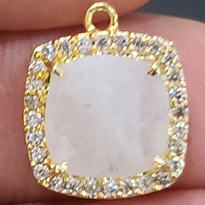 Rainbow Moonstone Natural Semi Precious Gemstone Square Briolette 12 MM Connectors With Setted CZ Pave 24K Gold Plated Over Silver Bezel