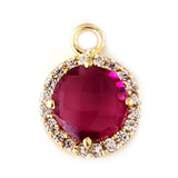 Ruby Quartz Coin Connector, CZ Pave, 24K Gold Plated Charm, 8mm