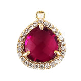 Ruby Quartz Heart Briolette Connector, CZ Pave, 24K Gold Plated, 12mm