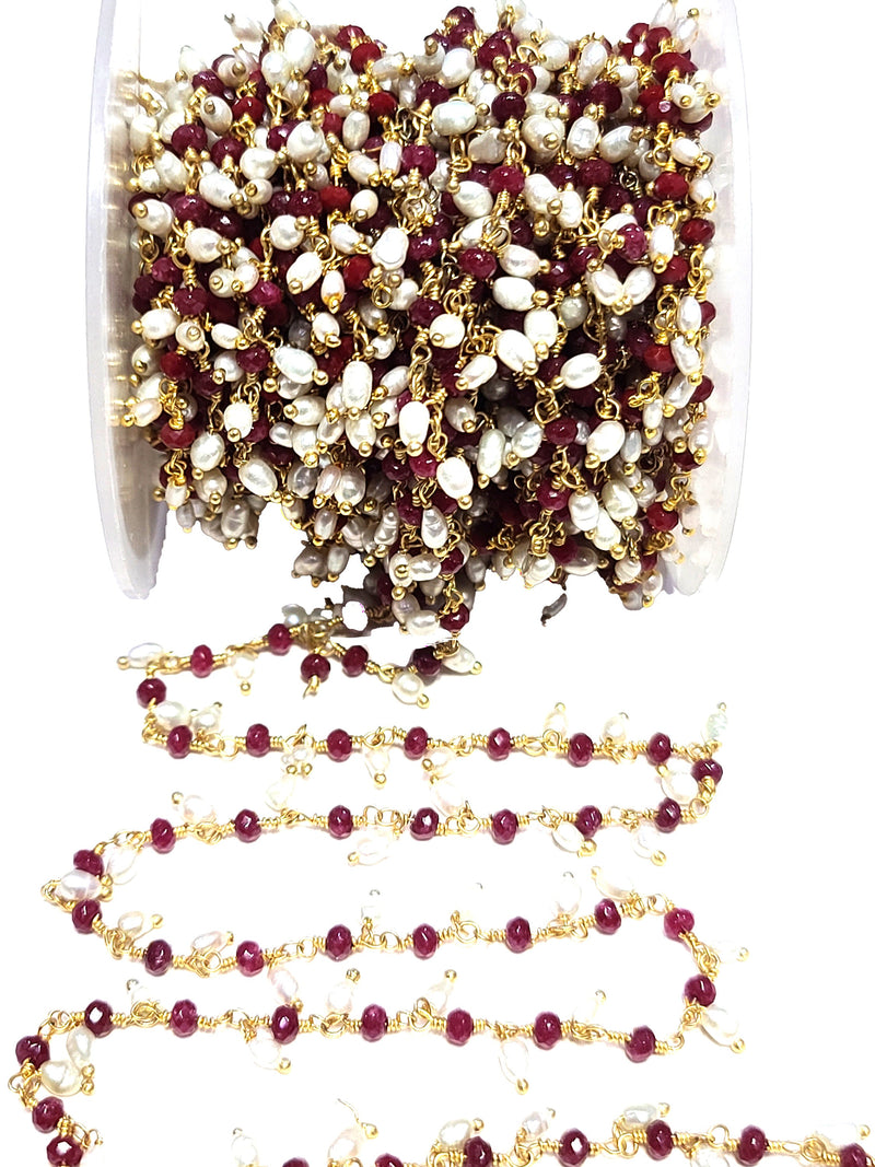ruby jade natural semi-precious gemstone beads 24k gold plated over silver rosary chain for a necklace, earrings, anklet, and bracelet making.