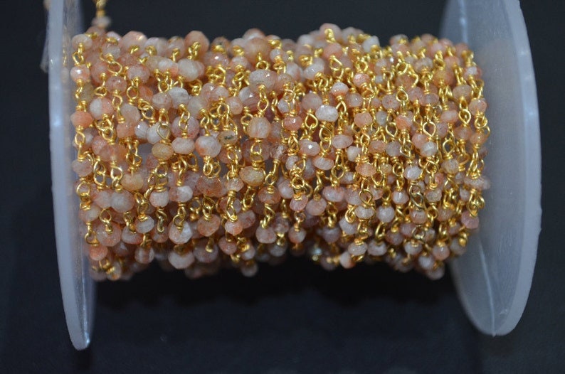 sunstone natural semi-precious gemstone beads 24k gold plated over silver rosary chain for a necklace, earrings, anklet, and bracelet making.