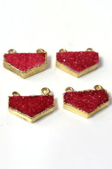 Red druzy chevron bezel charms, 10X17mm half-hexagon 24k gold electroplated bezel charms for women jewelry making pendants, earrings, bracelets, necklaces, and DIY crafts.