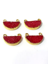 Red druzy moon bezel charms, 9X18mm crescent shaped double bail bezel 24k gold electroplated women jewelry-making earrings, pendants, bracelets, necklaces, and DIY crafts.
