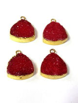 Red druzy triangle bezel charms, 15mm bezel 24k gold electroplated women jewelry-making earrings, pendants, bracelets, necklaces, and DIY crafts.
