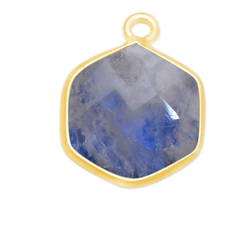 Rainbow Moonstone Hexagon Pendant - Boho Chic Gemstone Necklace with 24kt Gold Elegance