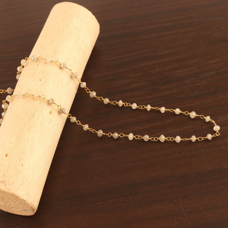Natural Genuine Gray DIAMOND AAA Gemstone 18K Solid Gold 2.5mm 3mm Bead Women Jewelry Making Necklace Rosary Chain Per INCH April Birthstone