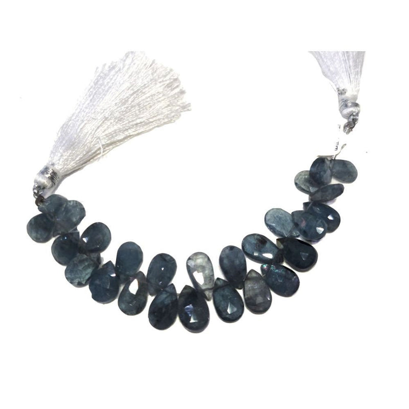Blue moss aquamarine natural gemstone bead strands, pear shaped 4-inch long bead strand, faceted bead size 8X5-11X6mm, handmade gemstone bead strand 30 carats, women jewelry making necklaces, earrings, and bracelets bead strands.
