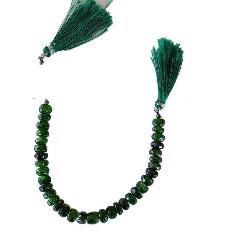 Chrome Diopside natural gemstone bead strands, rondelle shaped 4-inch long bead strand, faceted bead size 3.5-4mm, handmade gemstone bead strand 18 carats, women jewelry making necklaces, earrings, and bracelets bead strands.
