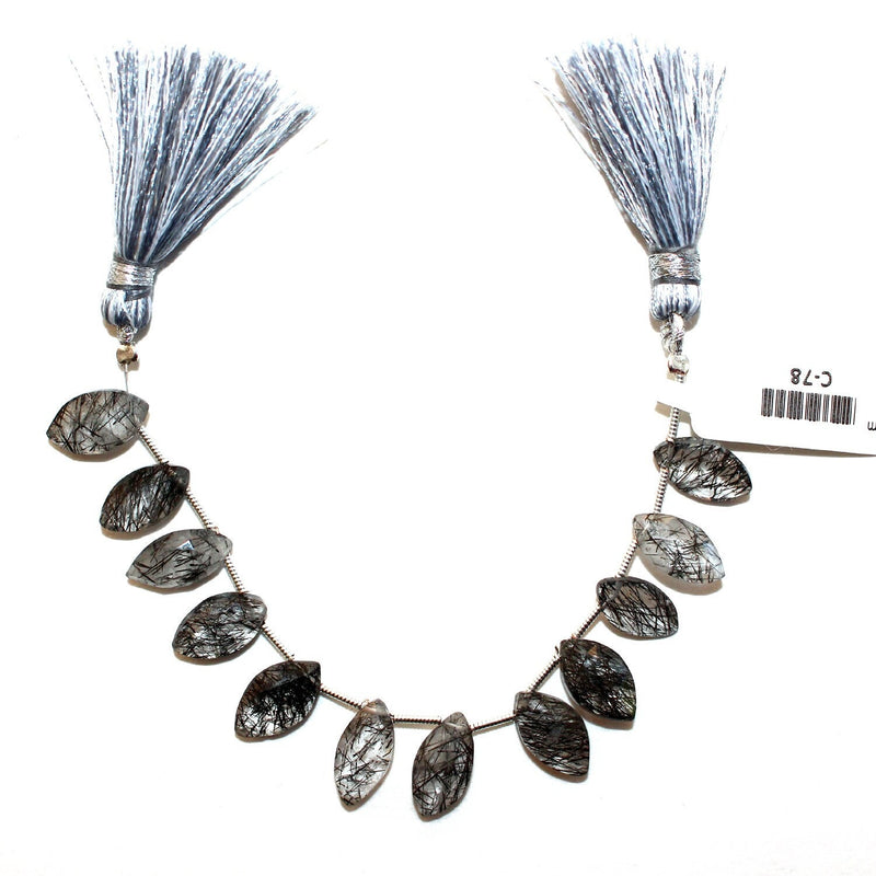 Black rutile/termilated quartz natural gemstone bead strands, marquise-shaped 4-inch long bead strand, faceted bead size 7X13.5-7X14mm, handmade gemstone bead strand 34 carats, women jewelry making necklaces, earrings, and bracelets bead strands.