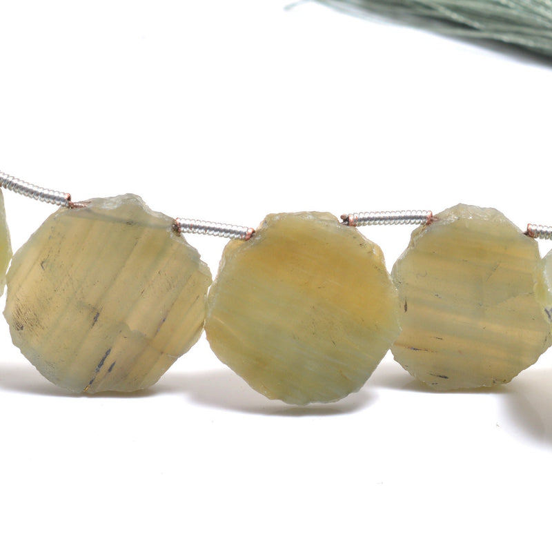 Green cat's eye gemstone bead strands, slice-shaped 4-inch long bead strand, smooth bead size 10X13-13X13.5mmmm, handmade gemstone bead strand 30 carats, women jewelry making necklaces, earrings, and bracelets bead strands.