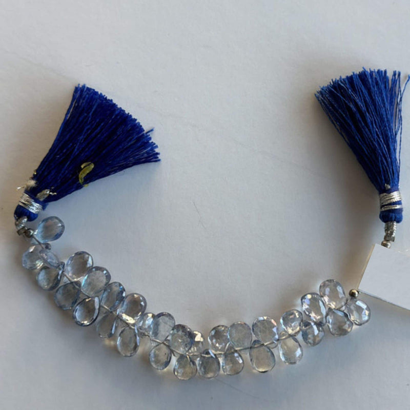 Blue topaz natural natural gemstone bead strands, pear-shaped 4-inch long bead strand, faceted bead size 6X8-6X9mm, handmade gemstone bead strand 38 carats, women jewelry making necklaces, earrings, and bracelets bead strands.