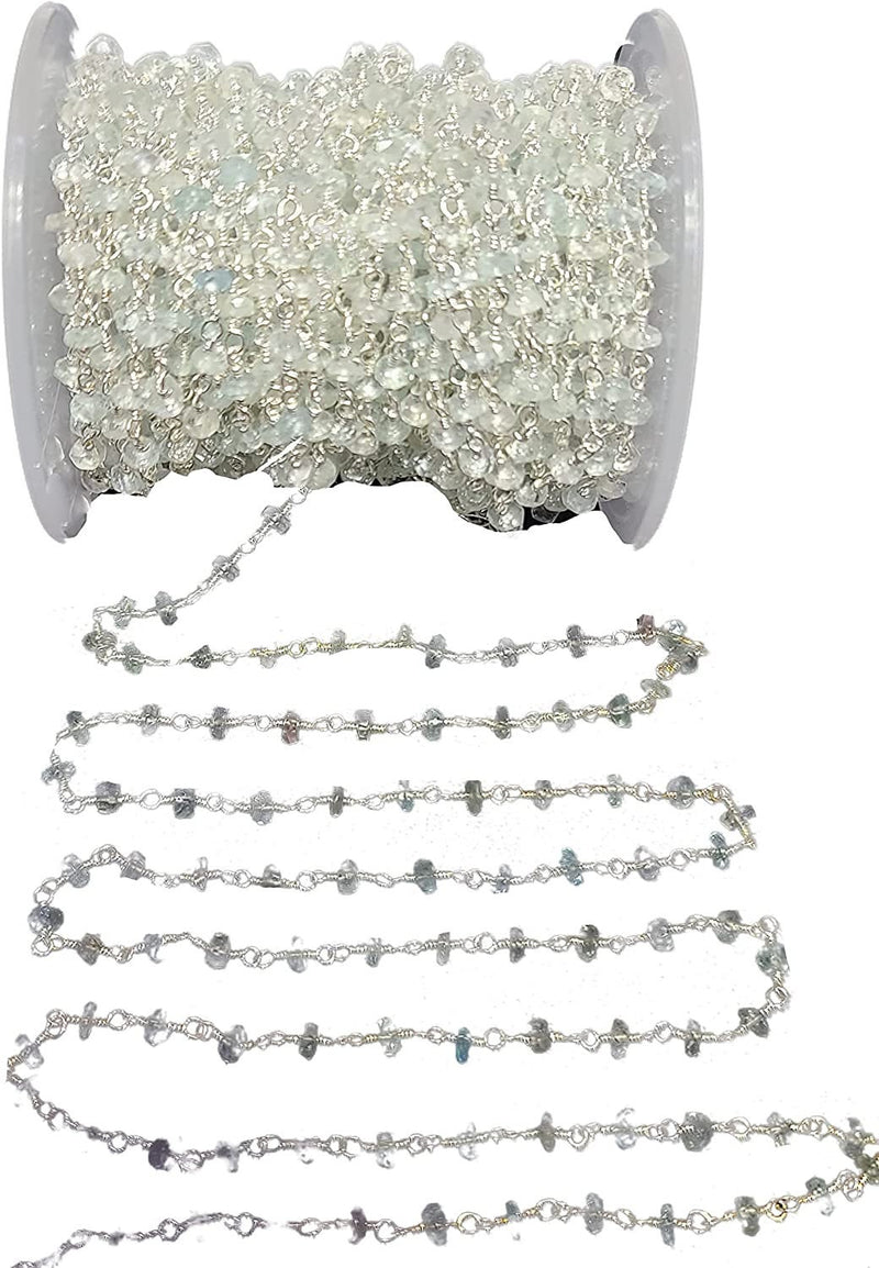 Aquamarine natural semi-precious gemstone beads 3mm rosary chain for a necklace, earrings, anklet, and bracelet making.