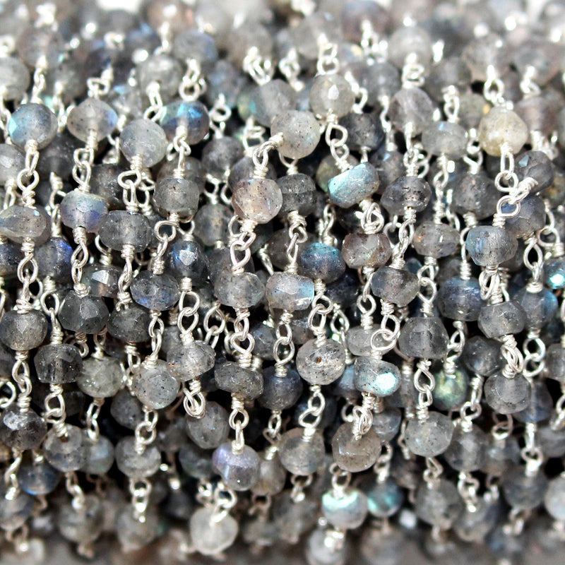 Labradorite natural semi-precious gemstone beads 3mm, 4mm silver plated rosary chain for a necklace, earrings, anklet, and bracelet making.