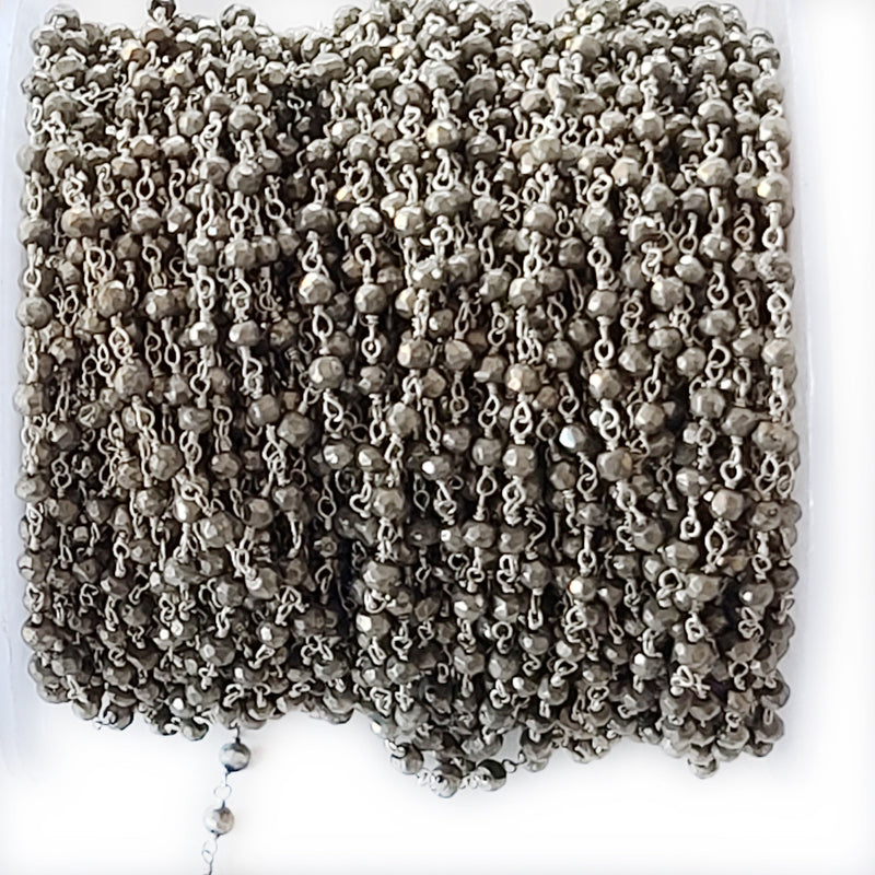 Pyrite natural semi-precious gemstone beads 3-4mm rosary chain for a necklace, earrings, anklet, and bracelet making.
