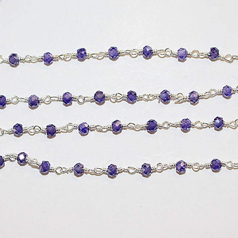 Zircon Amethyst natural semi-precious gemstone beads 3mm silver plated rosary chain for a necklace, earrings, anklet, and bracelet making.