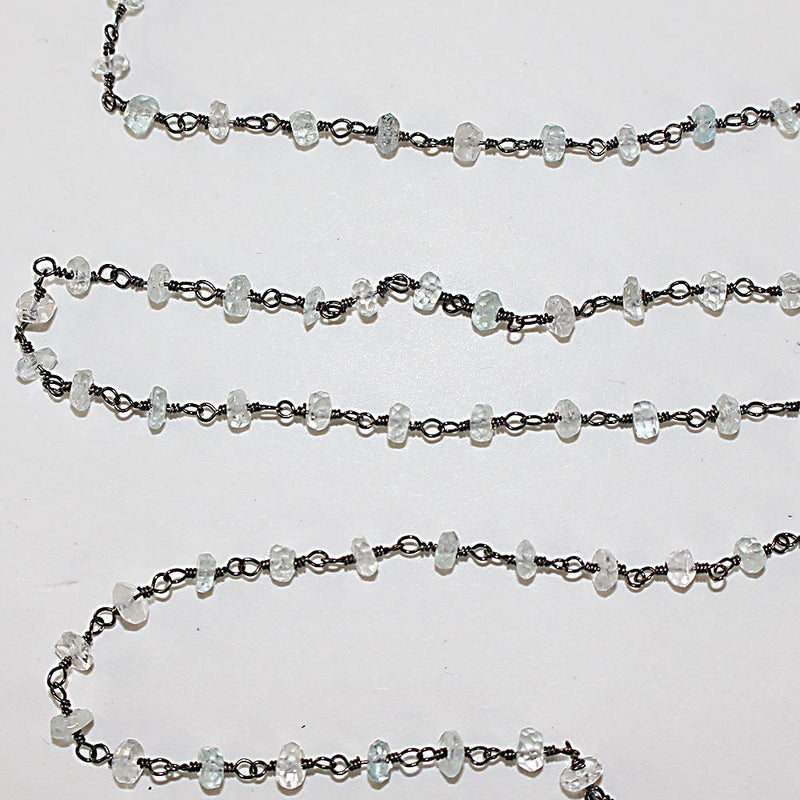 Aquamarine natural semi-precious gemstone beads 3mm rosary chain for a necklace, earrings, anklet, and bracelet making.