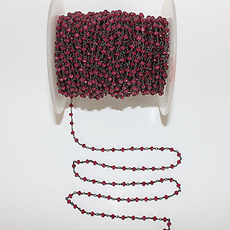 Ruby Jade natural semi-precious gemstone beads 3mm antique black oxidized rosary chain for a necklace, earrings, anklet, and bracelet making.