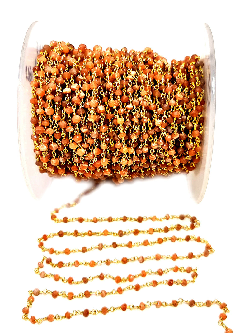 mystic peach natural semi-precious gemstone beads 24k gold plated over silver rosary chain for a necklace, earrings, anklet, and bracelet making.