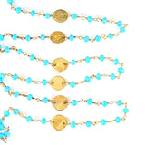 Blue Peruvian Chalcedony gemstone faceted rondelle bead rosary coin chain 24k gold plated over silver, women jewelry making necklaces, earrings, anklets, and bracelets.