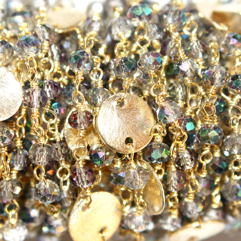 Mystic Quartz gemstone faceted rondelle bead rosary coin chain 24k gold plated over silver, women jewelry making necklaces, earrings, anklets, and bracelets.
