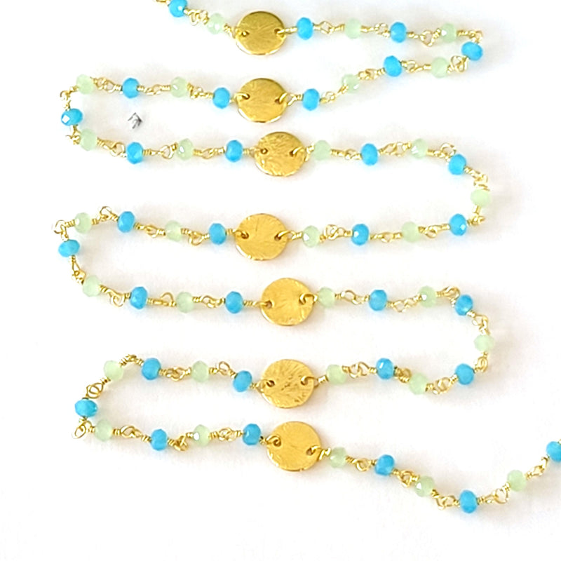 Green and Blue Chalcedony gemstone faceted rondelle bead rosary coin chain women jewelry making necklaces, earrings, anklets, and bracelets.