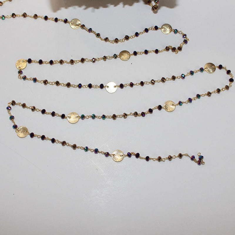 Peacock Pyrite gemstone faceted rondelle bead rosary coin chain 24k gold plated over silver, women jewelry making necklaces, earrings, anklets, and bracelets.