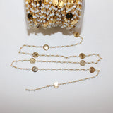 White Chalcedony gemstone faceted rondelle bead rosary coin chain 24k gold plated over silver, women jewelry making necklaces, earrings, anklets, and bracelets.