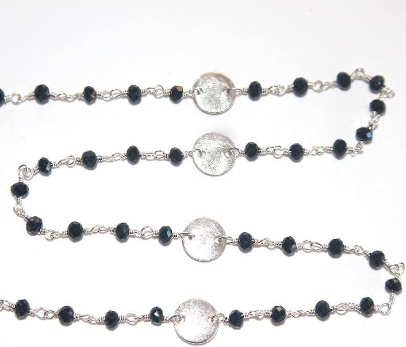 Black Spinel gemstone faceted rondelle bead rosary coin chain silver, women jewelry making necklaces, earrings, anklets, and bracelets.
