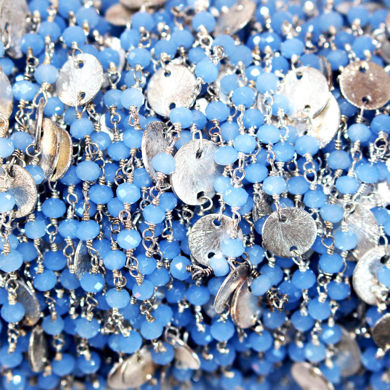 Blue Chalcedony gemstone faceted rondelle bead rosary coin chain silver, women jewelry making necklaces, earrings, anklets, and bracelets.